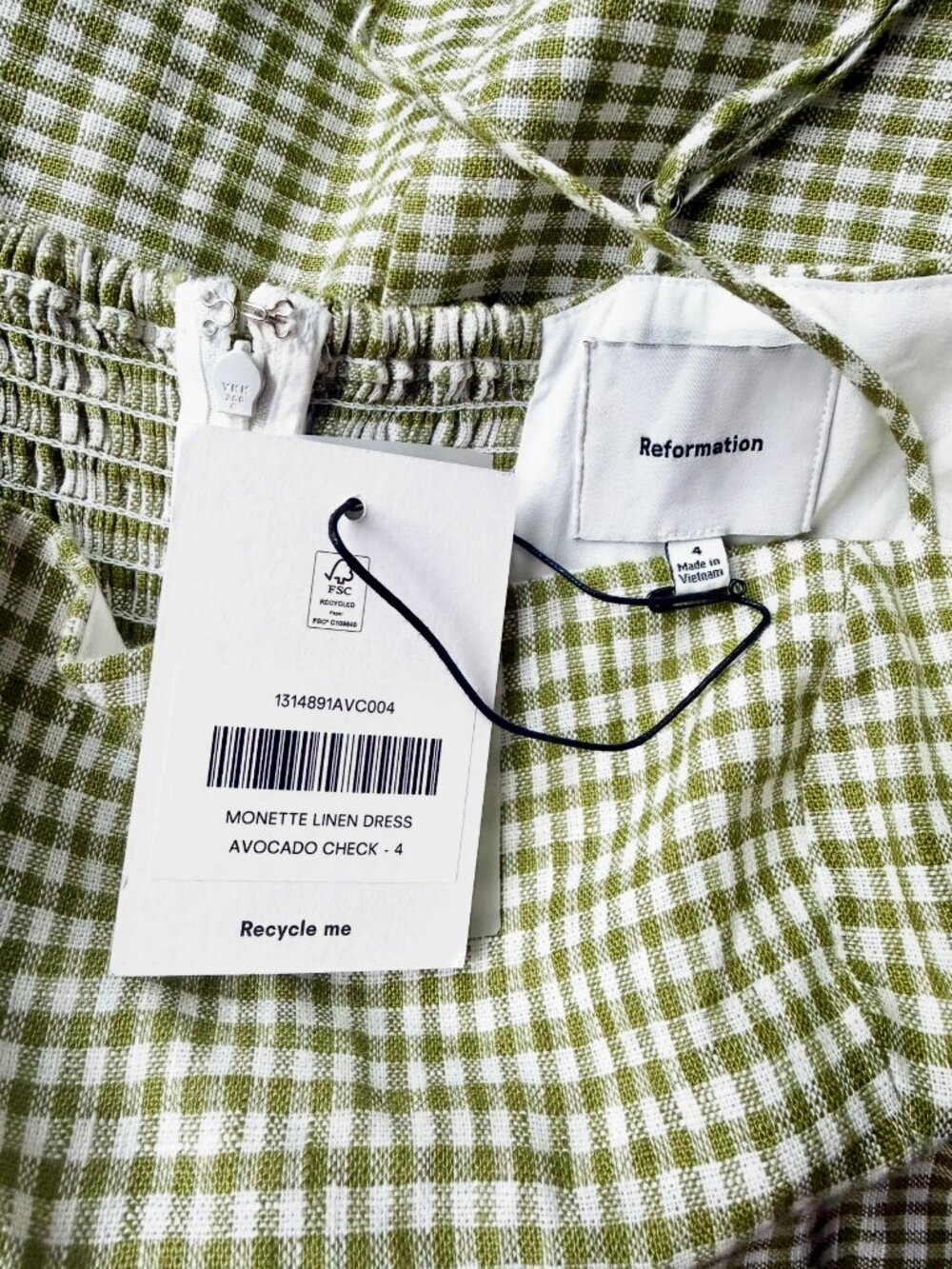Reformation Monette Linen Dress - Size 4 - Avocado Check - Picture 7 of 11